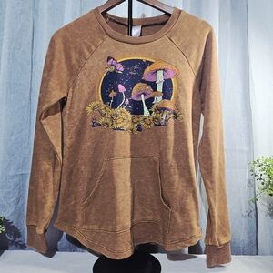No Boundaries Brown Sweatshirt with Mushroom and Butterfly Design